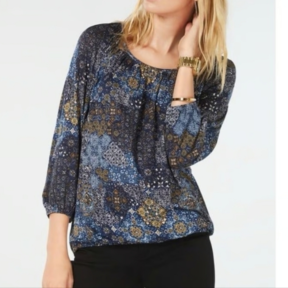 Michael Kors Blue Paisley Print 3/4 Skeeve Blouse